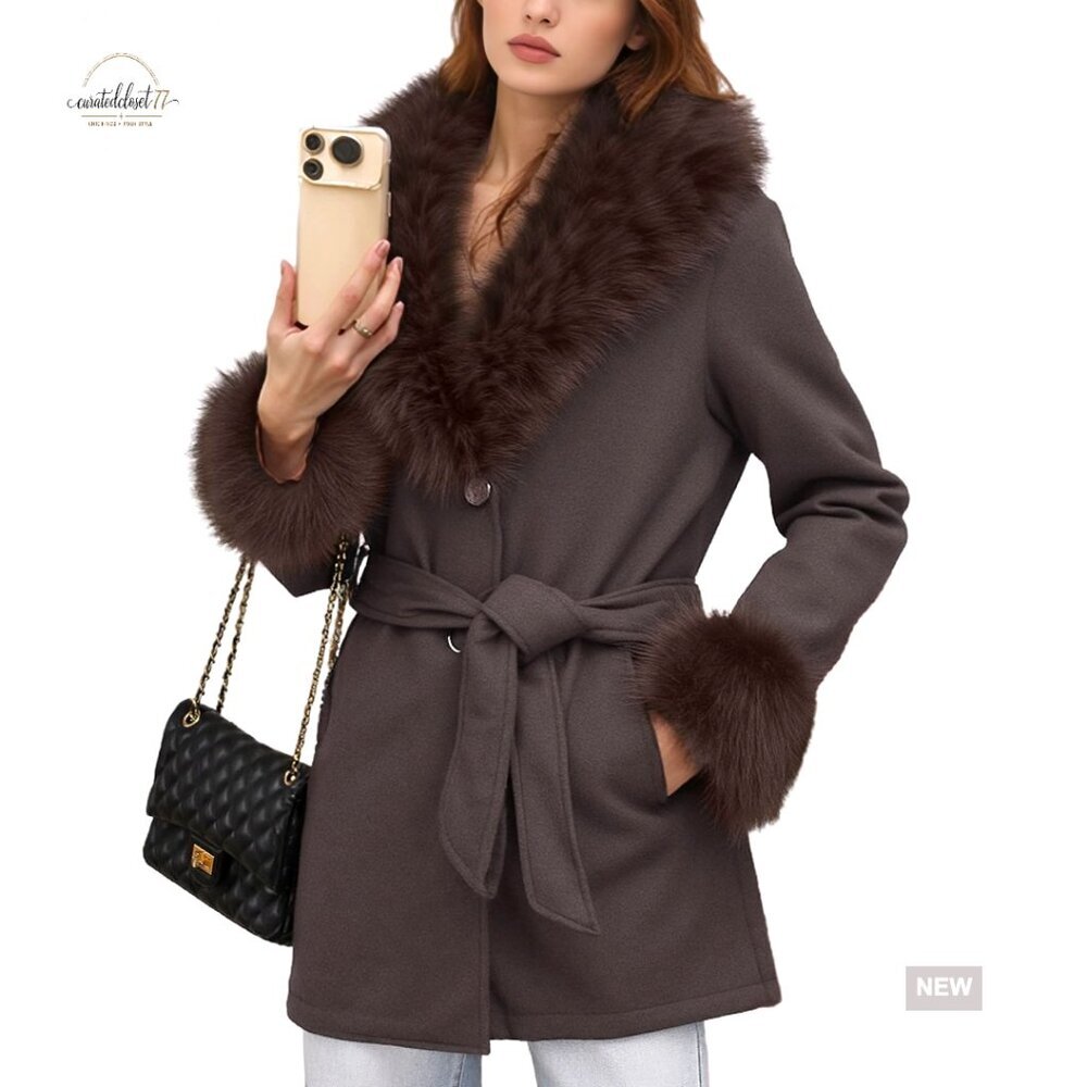 Faux Fur Lined Trench Coat Winter Pea Coat Belted Jacket Fleece Lined